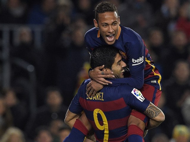 Luis Suarez celebrates getting his brace with Neymar during the game between Barcelona and Athletic Bilbao on January 17, 2016
