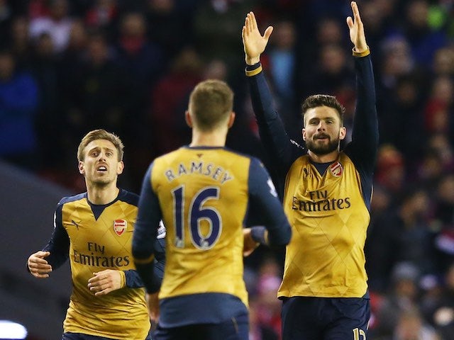 Olivier Giroud celebrates scoring during the game between Liverpool and Arsenal on January 13, 2016