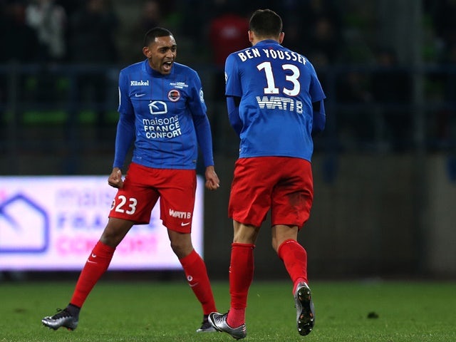 Caen's Ronny Rodelin celebrates after scoring a goal against Marseille on January 17, 2016