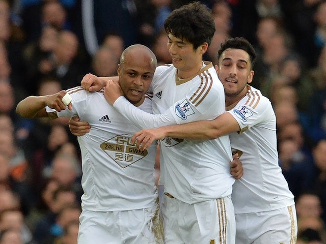 Andre Ayew celebrates scoring during the game between Everton and Swansea on January 24, 2016