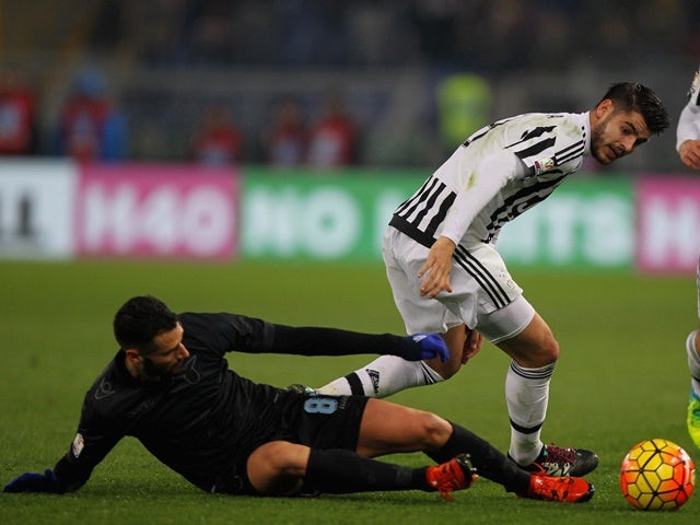 Antonio Candreva of Lazio competes for the ball with Alvaro Morata of Juventus on January 20, 2016