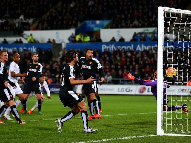 Ashley Williams scores the opening goal during the game between Swansea and Watford on January 18, 2016