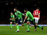 Charlie Austin celebrates after scoring the winner for Southampton at Old Trafford on January 23, 2016