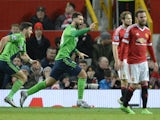 Charlie Austin celebrates after scoring the winner for Southampton at Old Trafford on January 23, 2016