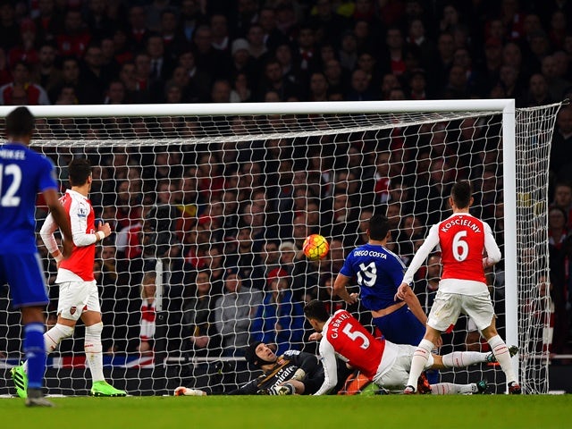 Chelsea's Diego Costa scores the opening goal against Arsenal on January 24, 2016