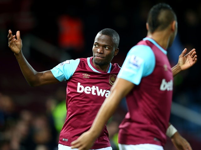 Enner Valencia of West Ham United celebrates scoring his team's first goal against Manchester City at the Boleyn Ground on January 23, 2016