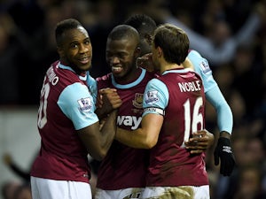 Enner Valencia of West Ham United celebrates after scoring his team's second goal against Manchester City at the Boleyn Ground on January 23, 2016