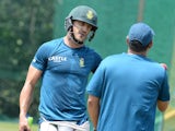 A ripped Faf du Plessis and Russel Domingo during a South Africa nets session on January 21, 2016