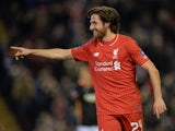 Liverpool's Joe Allen celebrates after scoring the opening goal against Exeter City on January 20, 2016