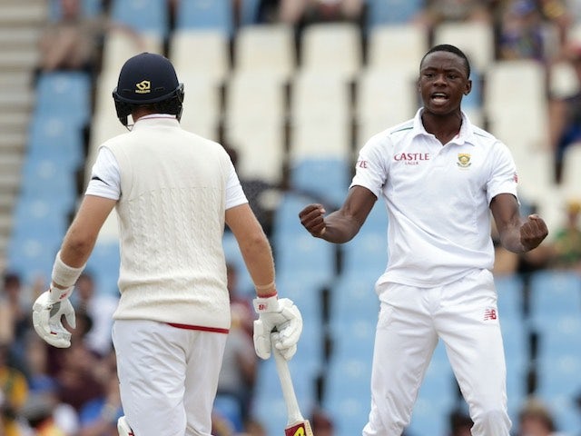 Kagiso Rabada celebrates the wicket of Joe Root on day three of the fourth Test between South Arica and England on January 24, 2016