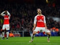 Mathieu Flamini of Arsenal reacts to a missed opportunity against Chelsea on January 24, 2016