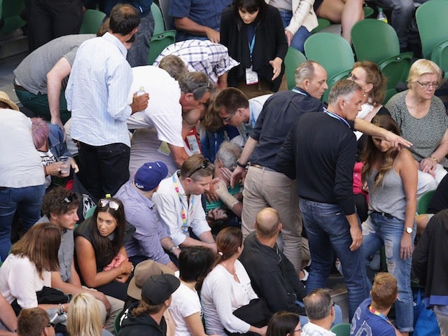 Ana Ivanovic's coach Nigel Sears is attended to in the crowd after collapsing at Rod Laver Arena during the Australian Open on January 23, 2016