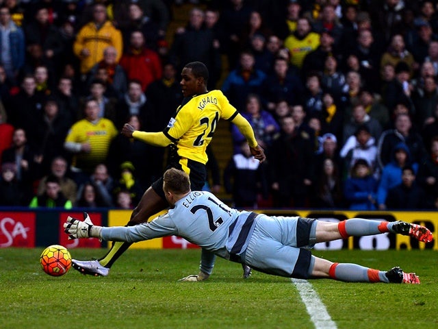 Odion Ighalo of Watford scores his team's first goal against Newcastle United on January 23, 2016