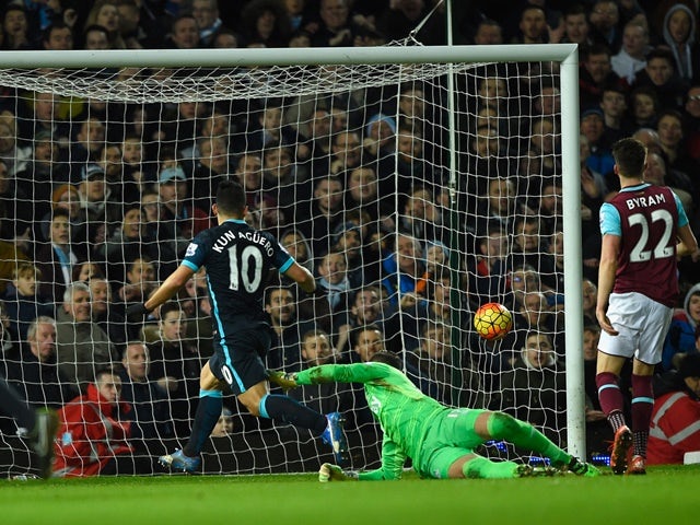 Sergio Aguero scores Manchester City's second goal against West Ham United and Manchester City at the Boleyn Ground on January 23, 2016