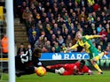 Norwich City's Steven Naismith scores against Liverpool in the Premier League on January 23, 2016