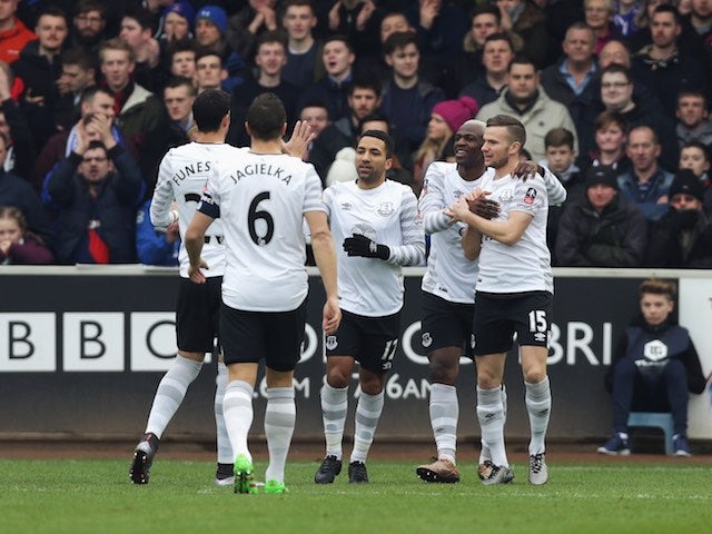 Arouna Kone celebrates scoring the opener during the FA Cup game between Carlisle and Everton on January 31, 2016