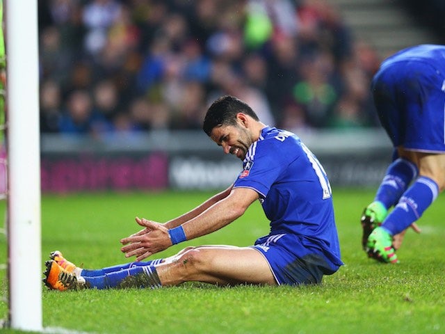 Diego Costa reacts to a missed chance during the FA Cup game between MK Dons and Chelsea on January 31, 2016