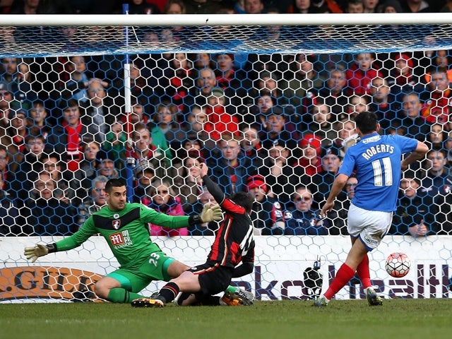 Gary Roberts of Portsmouth scores his team's first goal against Bournemouth at Fratton Park on January 30, 2016 