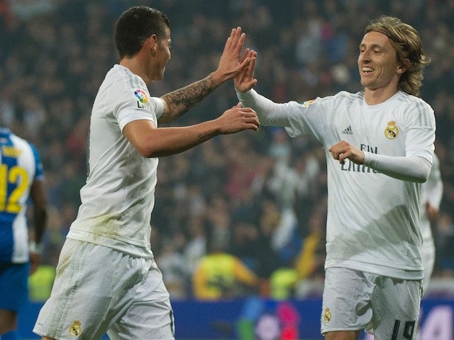James Rodriguez and Luka Modric celebrate during the La Liga game between Real Madrid and Espanyol on January 31, 2016