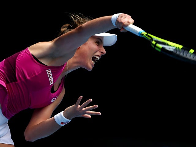 Johanna Konta serves in her quarter-final match against Zhang Shuai during day 10 of the 2016 Australian Open at Melbourne Park on January 27, 2016