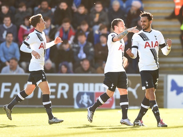 Nacer Chadli celebrates scoring during the FA Cup fourth-round match between Colchester United and Tottenham Hotspur on January 30, 2016