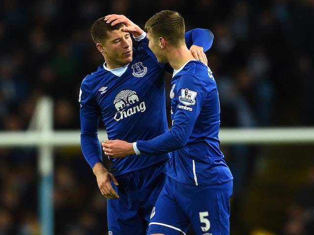 Ross Barkley celebrates with John Stones during the League Cup game between Manchester City and Everton on January 27, 2016