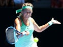 Victoria Azarenka plays an amusing forehand in her fourth-round match against Barbora Strycova during day eight of the 2016 Australian Open at Melbourne Park on January 25, 2016