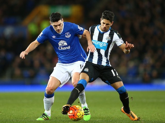 Prolific bouncer Ayoze Perez battles with Gareth Barry during the Premier League game between Everton and Newcastle on February 3, 2016