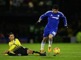 Diego Costa cares not for Jose Holebas during the Premier League game between Watford and Chelsea on February 3, 2016