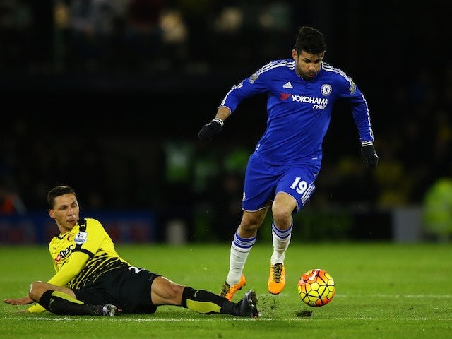 Diego Costa cares not for Jose Holebas during the Premier League game between Watford and Chelsea on February 3, 2016