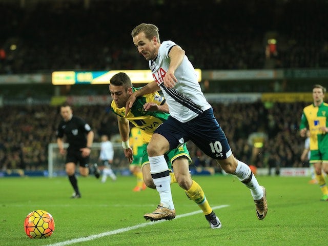 Harry Kane and Ivo Pinto in action during the Premier League game between Norwich and Spurs on February 2, 2016