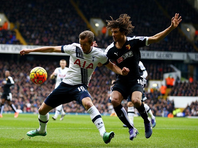 Harry Kane and Nathan Ake in action during the Premier League match between Tottenham Hotspur and Watford on February 6, 2016