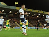 Harry Kane is a happy bouncing bunny after scoring his side's second from the penalty spot during the Premier League game between Norwich and Spurs on February 2, 2016