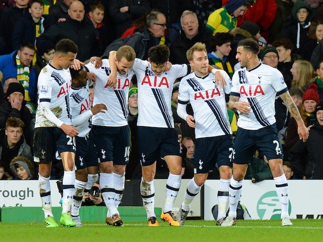 "The lads" celebrate Harry Kane's penalty during the Premier League game between Norwich and Spurs on February 2, 2016