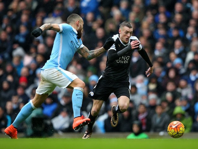 Jamie Vardy comes up against Nicolas Otamendi during the Premier League game between Manchester City and Leicester City on February 6, 2016