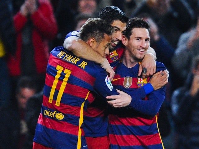 Three-headed Broadway star Neymar, Luis Suarez and Lionel Messi celebrate scoring during the Copa del Rey game between Barcelona and Valencia on February 3, 2016