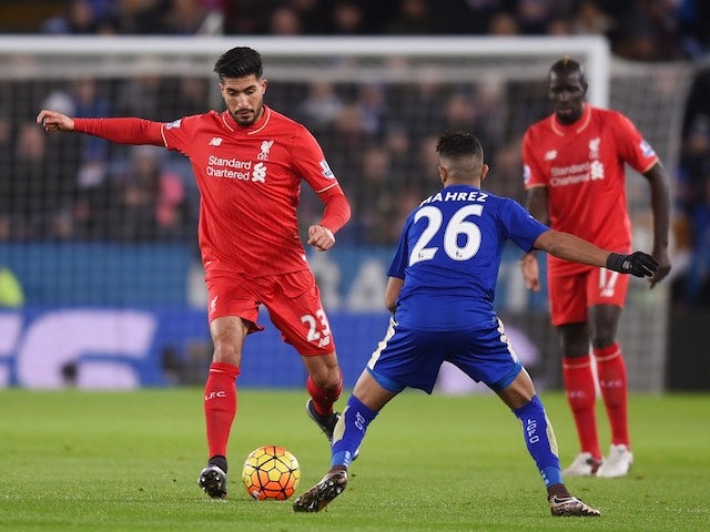 Riyad Mahrez comes up against the might of Emre Can during the Premier League game between Leicester and Liverpool on February 2, 2016