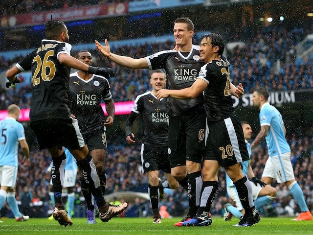Robert Huth celebrates scoring during the Premier League game between Manchester City and Leicester City on February 6, 2016