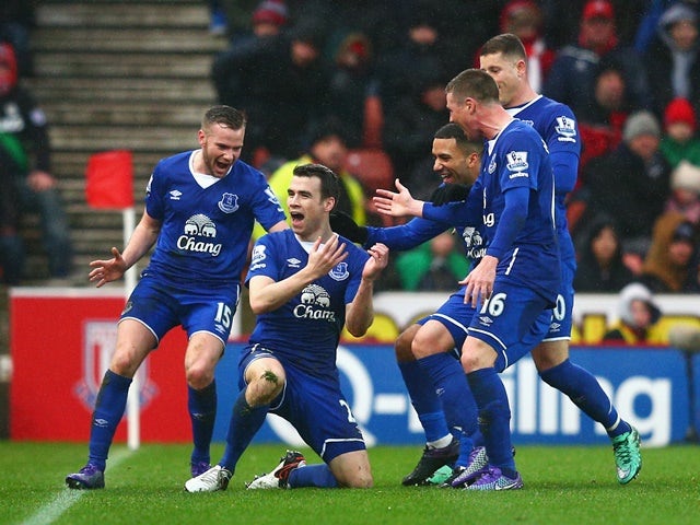 Seamus Coleman celebrates scoring Everton's second goal against Stoke City on February 6, 2016