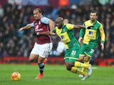 Youssouf Mulumbu and Gabriel Agbonlahor in action during the Premier League game between Aston Villa and Norwich City on February 6, 2016