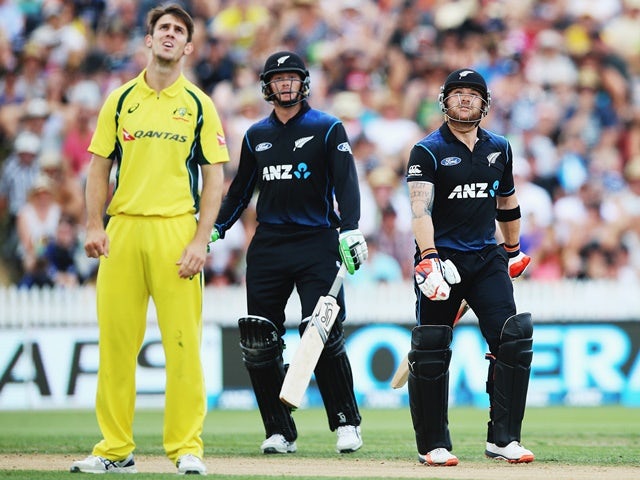 Brendon McCullum looks on as he is caught, dismissed by Mitchell Marsh during the third ODI between the New Zealand Black Caps and Australia on February 8, 2016