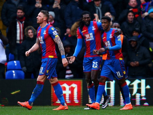 Emmanuel Adebayor celebrates scoring during the Premier League game between Crystal Palace and Watford on February 13, 2016