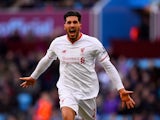 Emre Can celebrates scoring during the Premier League game between Aston Villa and Liverpool on February 14, 2016