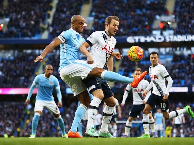 Harry Kane and Vincent Kompany in action during the Premier League game between Manchester City and Tottenham Hotspur on February 14, 2016