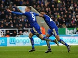 Leicester City duo Jamie Vardy and Riyad Mahrez celebrate during a Premier League game on November 21, 2015