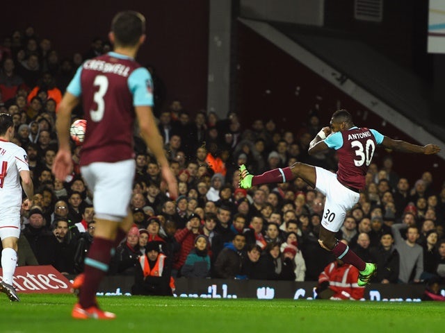 Michail Antonio scores the opening goal during the FA Cup fourth-round replay between West Ham United and Liverpool on February 9, 2016
