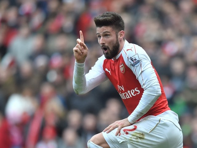 Olivier Giroud hints at his Valentine's Day plans during the Premier League game between Arsenal and Leicester City on February 14, 2016