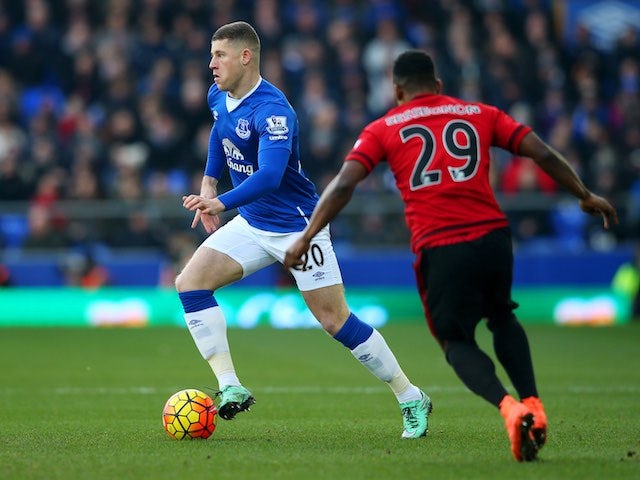 Ross Barkley's thighs are pursued by Stephane Sessegnon during the Premier League game between Everton and West Bromwich Albion on February 13, 2016