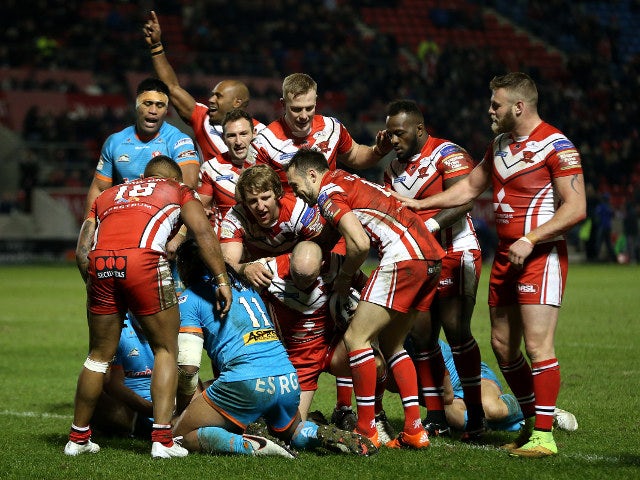 Salford Red Devils go over for a try during their 44-10 victory over St Helens in Super League on February 11, 2016
