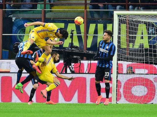 Andrea Ranocchia in action during the Serie A game between Inter and Sampdoria on February 20, 2016